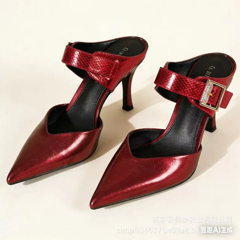 

Sexy Pointed Toe High Heeled Slippers for Women Metal Belt Buckle Casual Slides Fashion Party Shoes Elegant Pumps Women Sandals