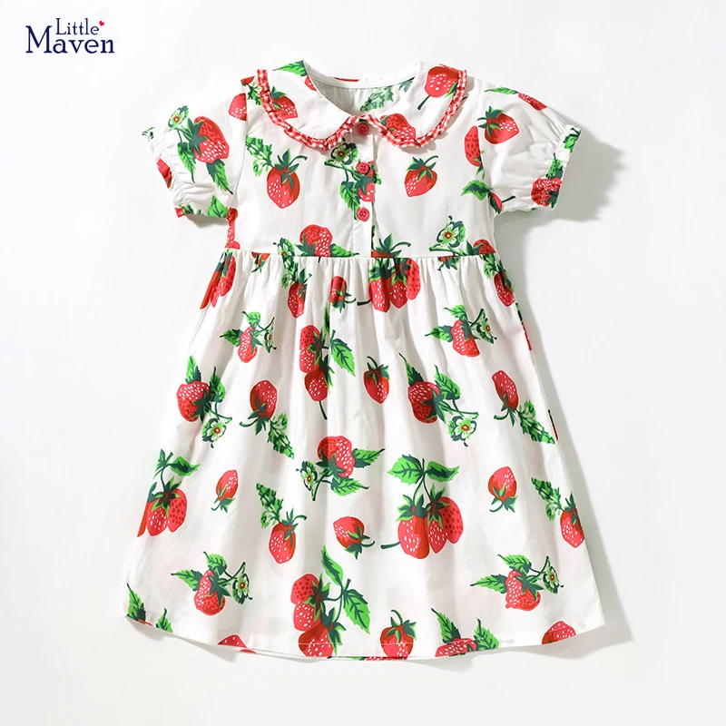 Little maven Girls Dress Peter Pan Collar Strawberry Prints Dresses Summer Dress for Girls Clothes 2 to 7years Girl Costumes