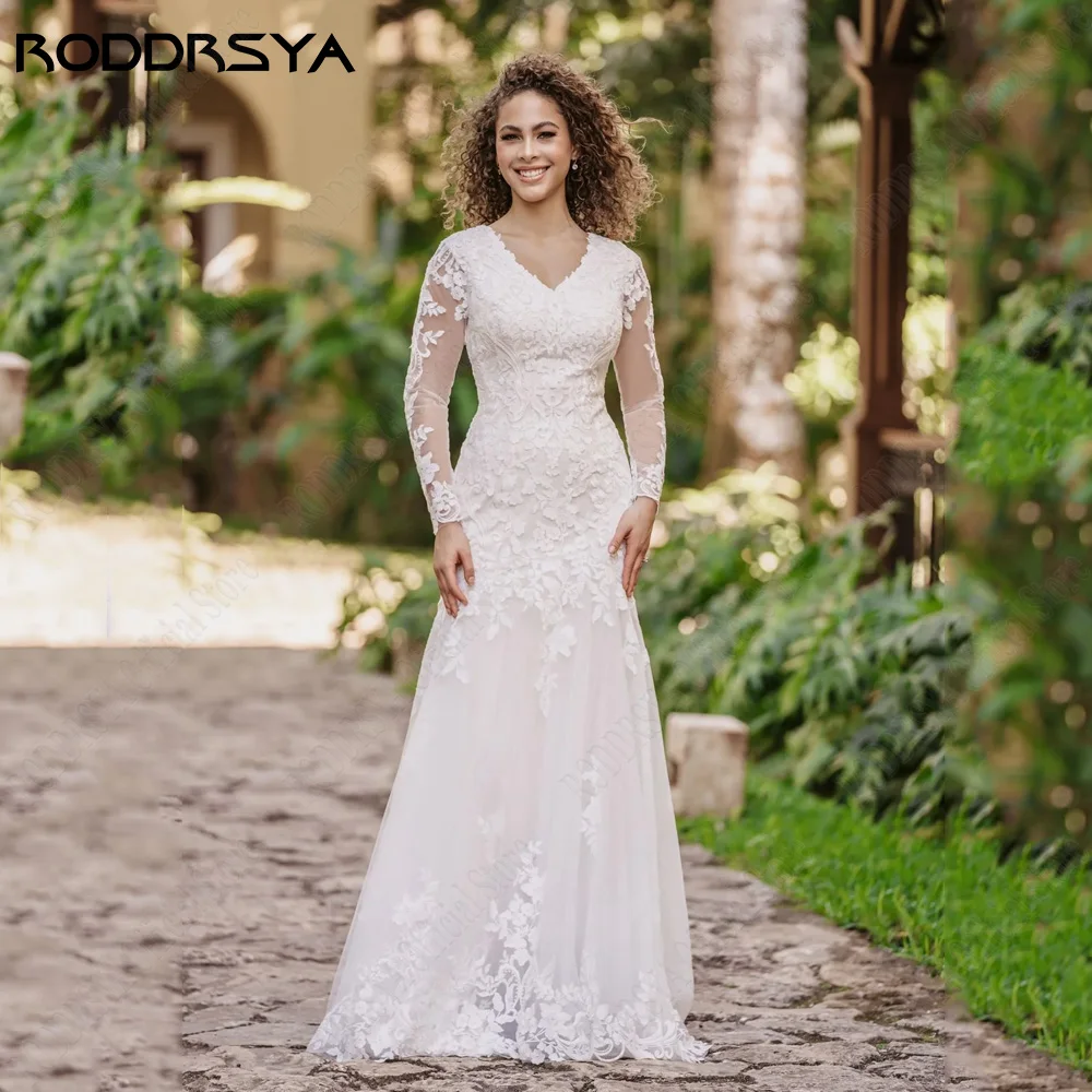 Roddrsya moderno vestido de novia bohemio de manga larga V collRODDRSYA-vestido de novia bohemio de manga larga con cuello en V, vestidos de novia con apliques de sirena, vestidos de novia de tul hechos de Cuatom Civil