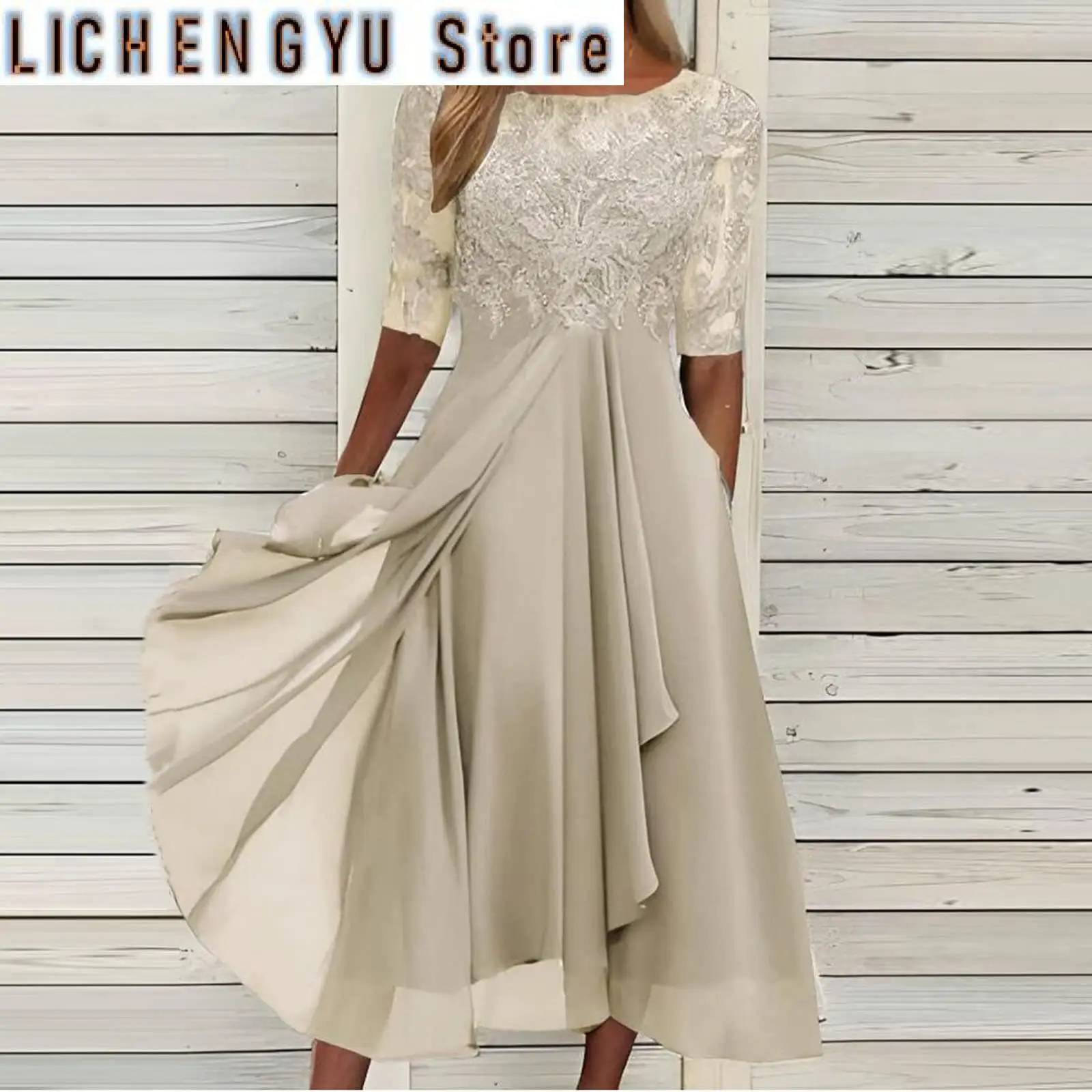 

Dresses For Women Summer Plus Size Tea Length Embroidery Lace Chiffon Mock Dress Female Clothing Vestidos Para Mujer