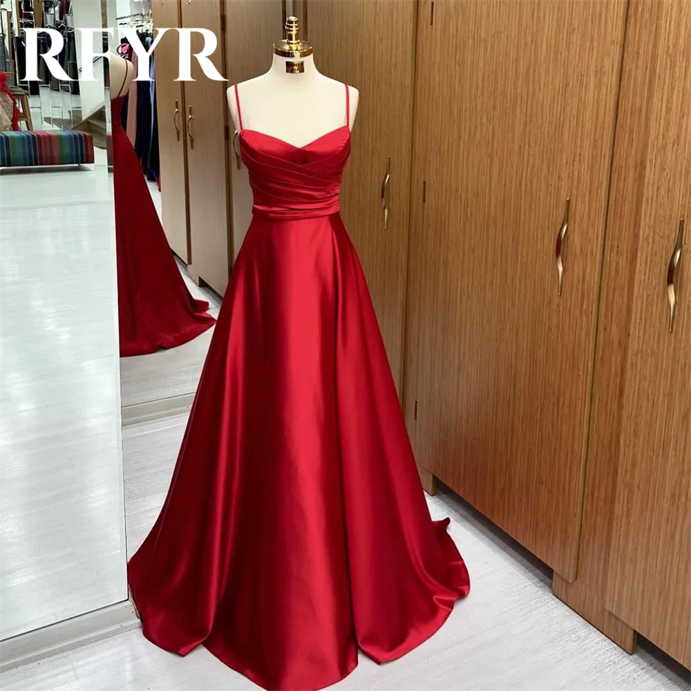 

RFYR Simple Red Long Party Dress A-Line Sexy Night Dresses Pleats Satin Spaghetti Strap Celebrity Dresses vestidos de fiesta