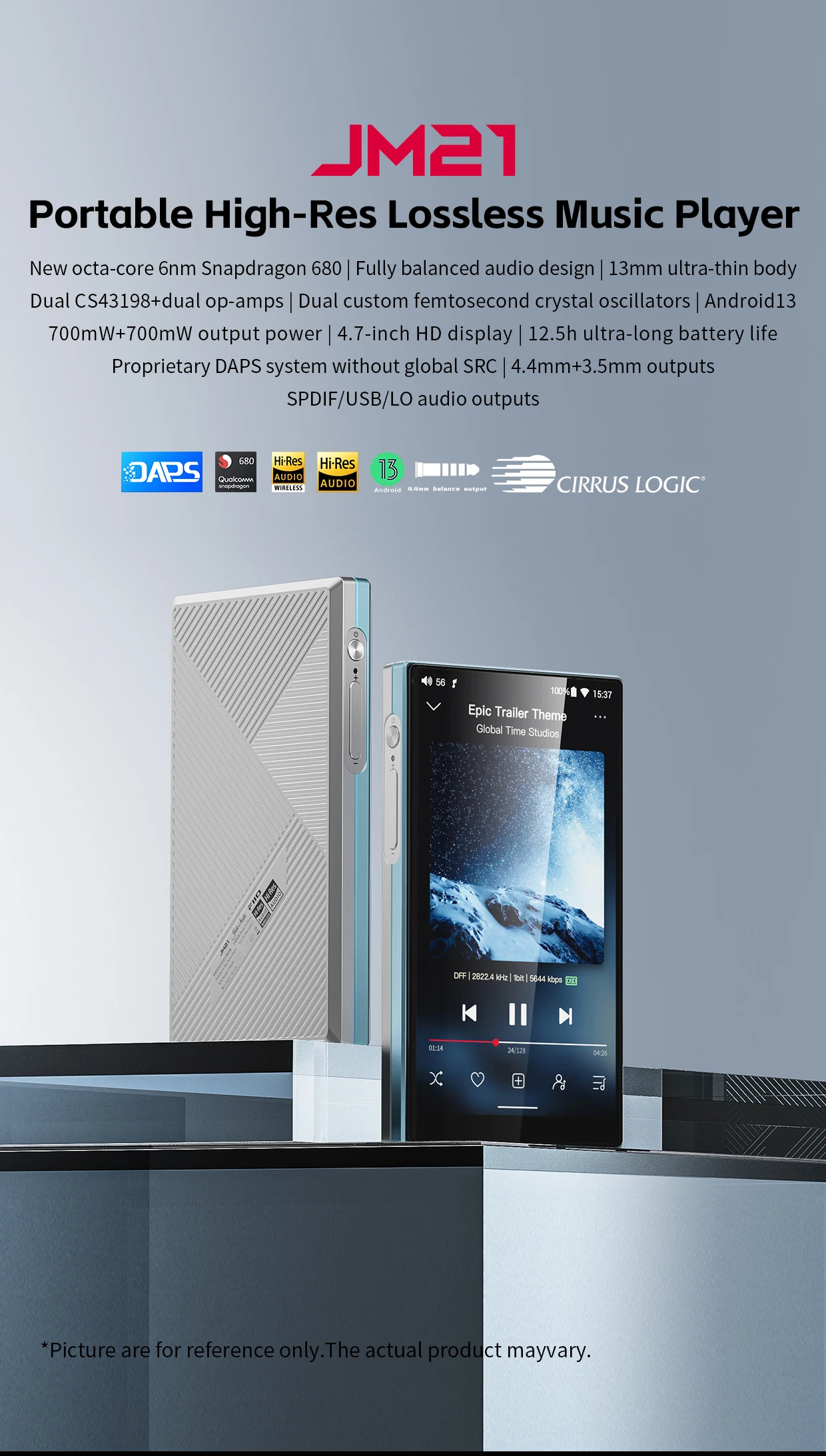 FiiO JM21(3+32GB) Android 13 Hi-Res Music Player MP3 with Snapdragon 680, Bluetooth WiFi USB DAC 12.5H Playtime