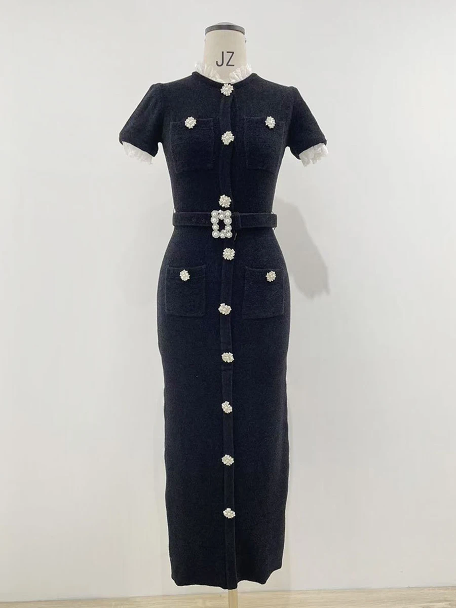 VGH Temperament Vintage Slimming Solid Dresses For Women Round Neck Short Sleeve High Waist Elegant Dress Female Fashion Style