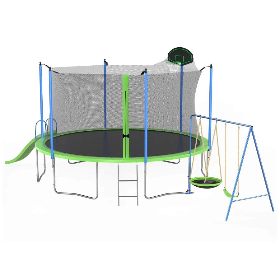 

14FT Trampoline with Slide and Swings, ASTM Approved Large Recreational Trampoline with Basketball Hoop and Ladder, Outdoor Bac