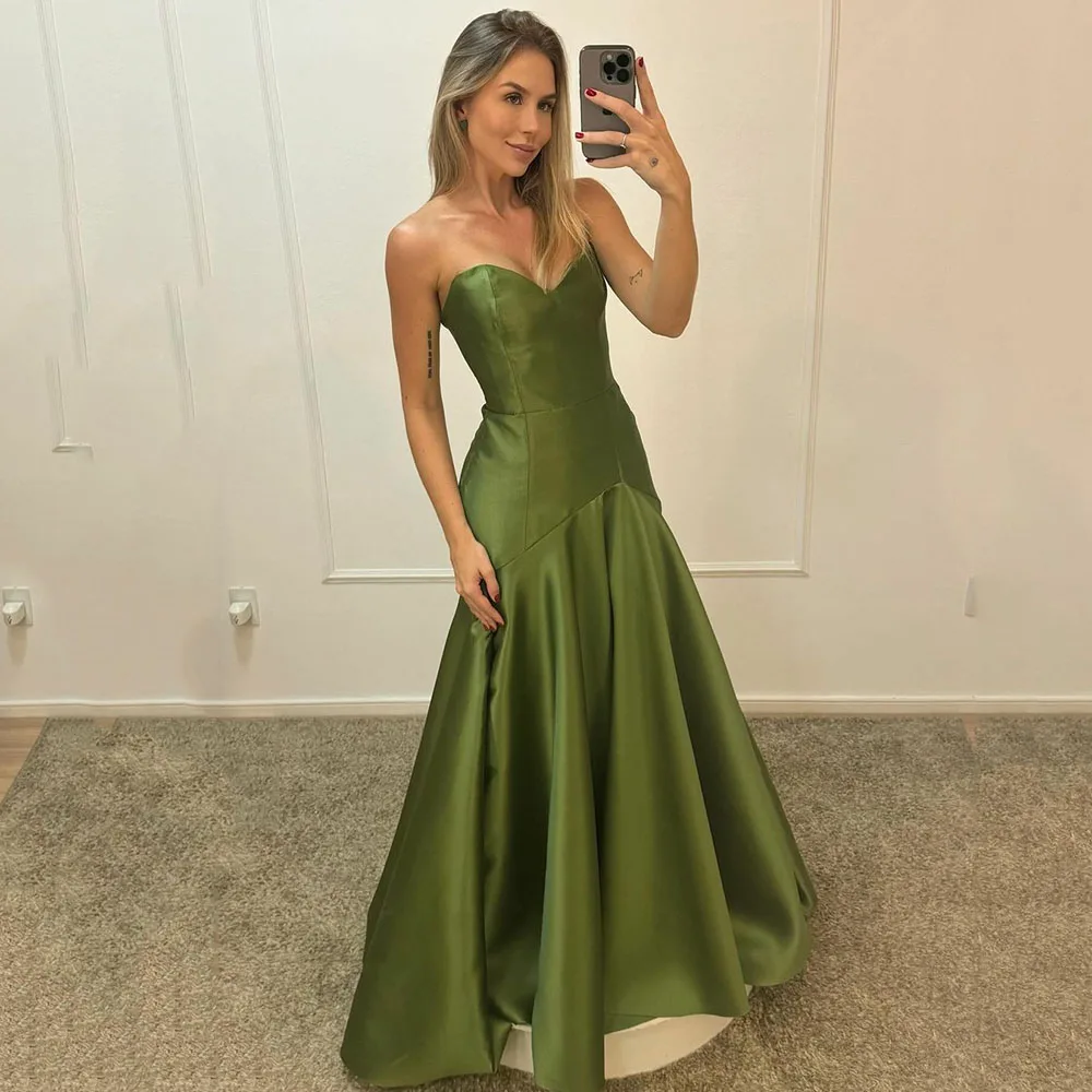 

Msikoods Green Elegant Evening Dresses A Line Sweetheart Formal Occasion Dress Graduation Gown Satin Ruched Women Prom Dresses