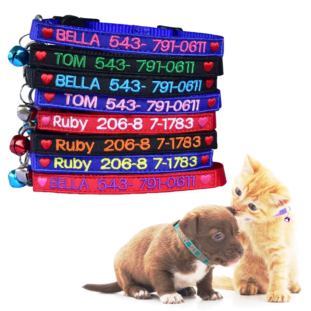 Custom Embroidery Cat Collar with Heart DIY Charms Personalized And Bell Breakaway Printed Pet Names Phone Number