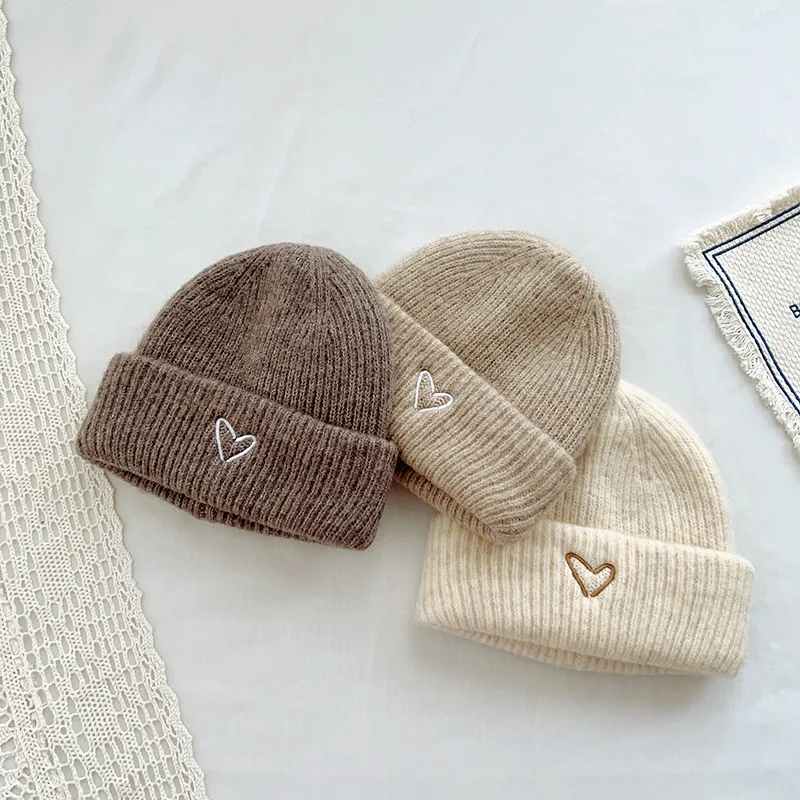 Solid Color Kids Knitted Hat Love Heart Embroidery Winter Warm Baby Beanie Outdoor Ear Protection Kids Boys Girls Crochet Cap