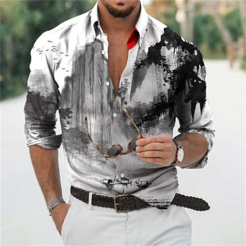 New 3D Print Chinese Ancient Style Ink Painting Casual Men'S Button Up Long Sleeve Shirt Party Daily Shirts Autumn Men Clothing