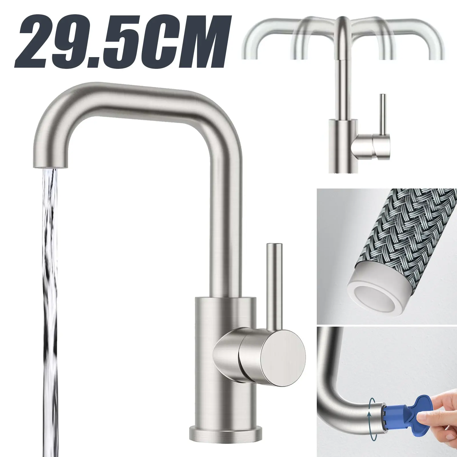 Küchenarmatur aus 304 Edelstahl, Einhandbedienung, 360° drehbar °   Drehbarer Wasserhahn, rostbeständiger, langlebiger Küchenwasserhahn für die Installation und Renovierung von Haushaltswaschbecken
