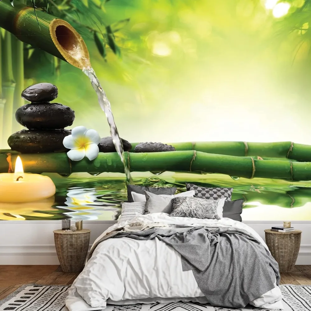Rocos y flores sobre ramas de bambú en un lago con cascada mural de pared, pegatina extraíble, decoración del hogar 66x96 pulgadas