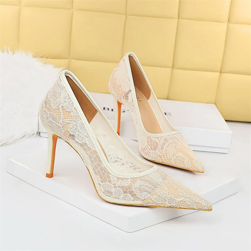 Summer Wine Red Lace Flower Women Pumps Shallow Mouth Mesh Hollow High Heel Party Single Shoes Stilettos Pointed Toe Pumps