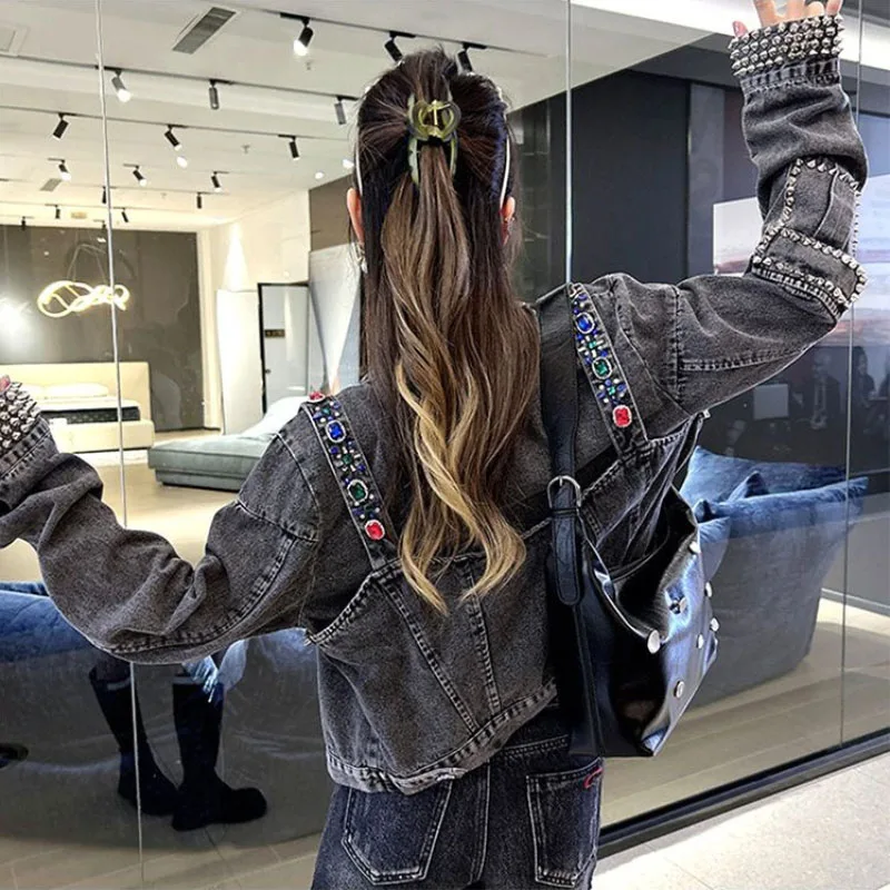 Spring Autumn High-Waisted Denim Jacket Women Outwear 2023 New Heavy Industry Slim Needle Beads With Needle Jeans Coat