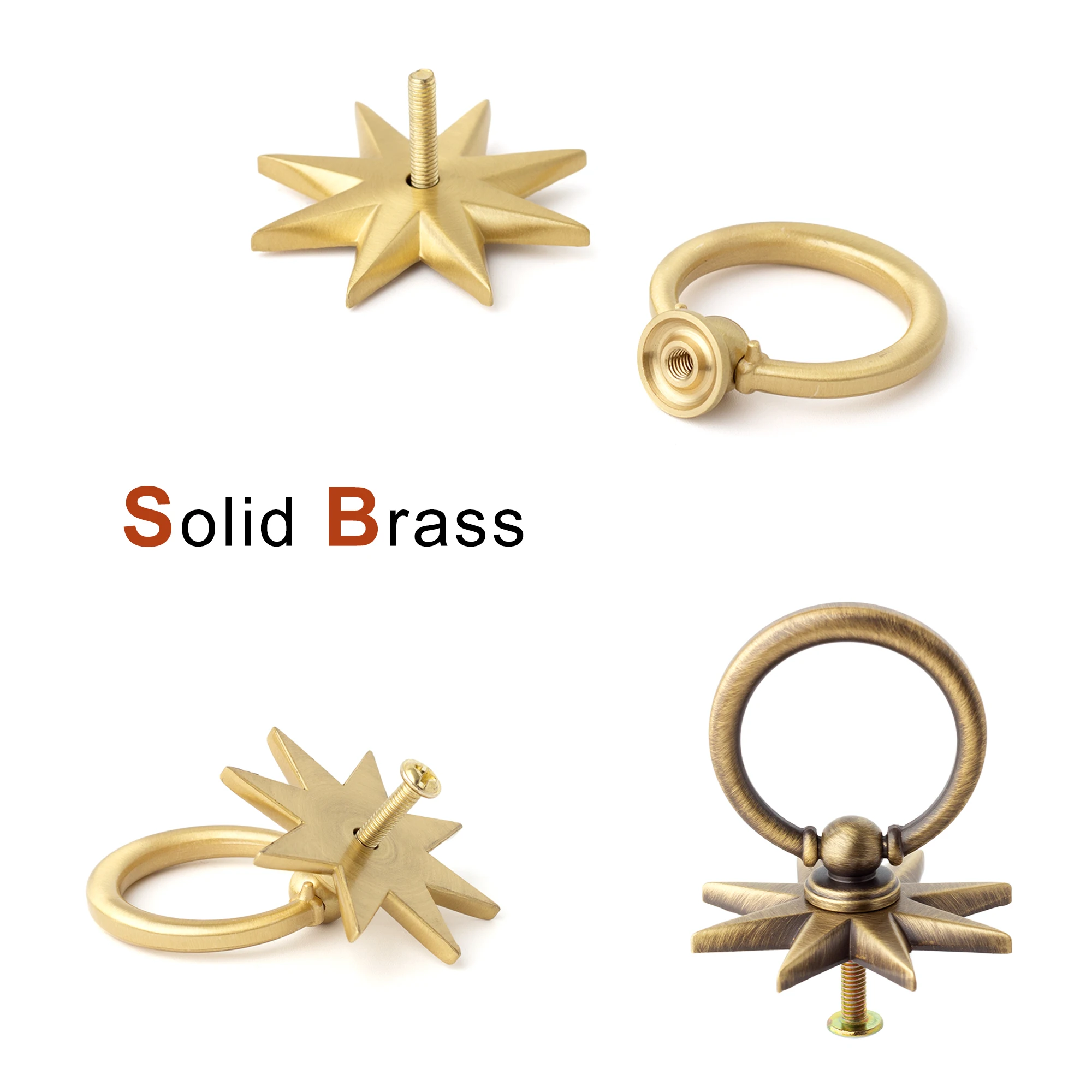 Antique Gold Anise Star Shape Ring Pulls Solid Brass Luxury Knobs Vintage Furniture Handles for Cabinets Cupboard Closet Drawer