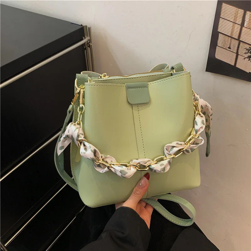 

2025 Korean Bucket Bag Women Solid Soft Leather Shoulder Ribbon Purse Casual Versatile Commute