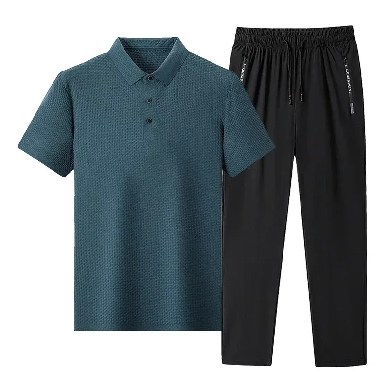 

Men's Set Summer Ice Silk Quick Drying Polo Shirt Long Pants Two Piece Shorts Set for Men's Matching Sets Business Polo Sets