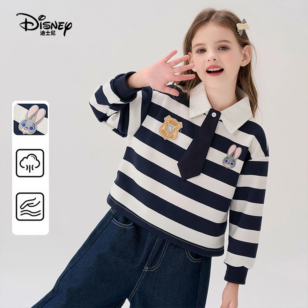 

Disney Judy Rabbit Cotton Long Sleeve Shirt Girls' Striped Lapel Collar Sweatshirt 2026 New Spring Autumn Casual Loose Top