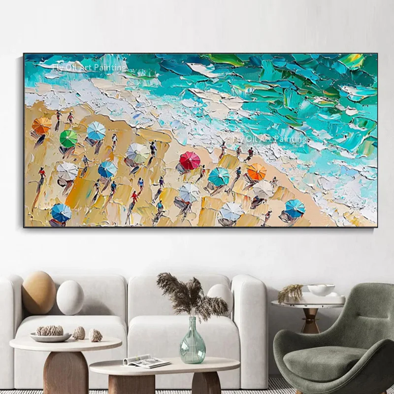 Handmade Blue White Sea Brown Beach Thick Oil Painting On Canvas Modern People Play On The Beach Wall Art Seascape Artwork Decor