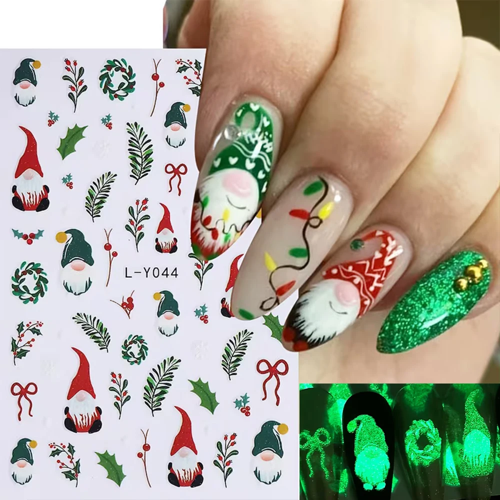 

3D светящиеся рождественские наклейки для дизайна ногтей, венки, карликовые банты, зеленые цветы, листья, светящиеся в темноте самоклеящиеся рождественские наклейки для ногтей