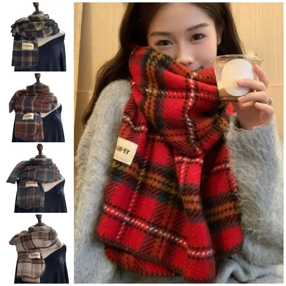 Retro Red Plaid Scarf Thick Cashmere Cashmere Scarves Warm Windproof Wool Scarves Women