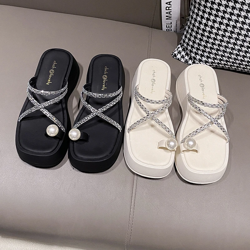 

Women's Rhinestone Crisscross Platform Slide Sandals, Fashion Round Open Toe Summer Shoes, Casual Outdoor Beach Slides