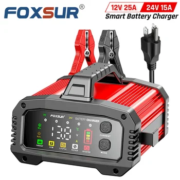 FOXSUR taşınabilir akıllı araç akü şarj cihazı 12V 24V 25Amp arabalar için LiFePO4 AGM jel kurşun asit motosiklet kamyon tekne güçlendirici ile