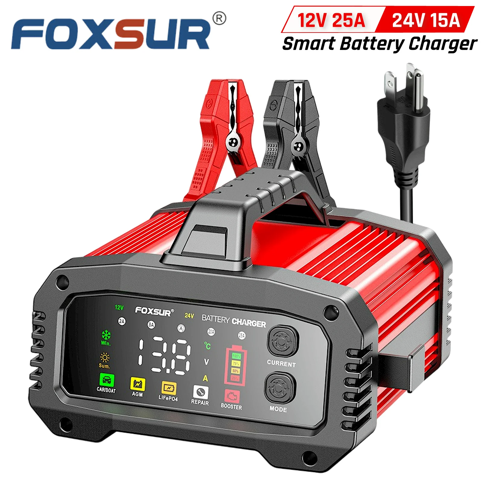 FOXSUR Przenośna inteligentna ładowarka samochodowa do samochodów 12V 24V 25A LiFePO4 AGM Żelowa kwas ołowiu motocyklowego Ciężarówka Łódź z wzmacniaczem