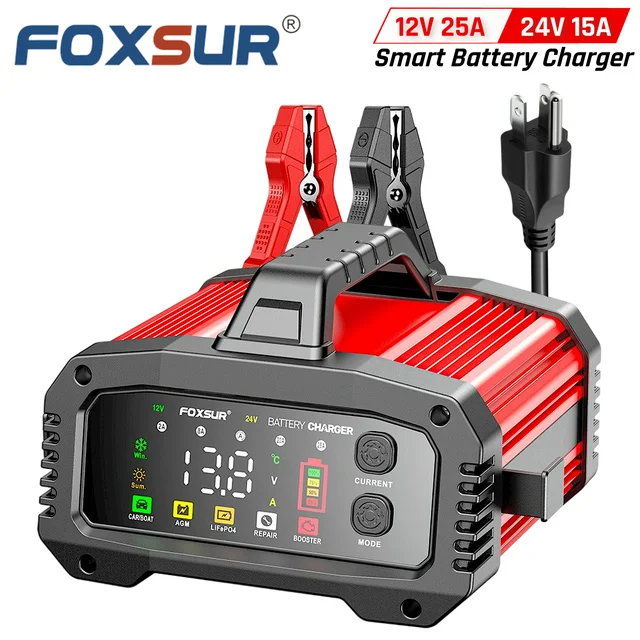 FOXSUR Przenośna inteligentna ładowarka samochodowa do samochodów 12V 24V 25A LiFePO4 AGM Żelowa kwas ołowiu motocyklowego Ciężarówka Łódź z wzmacniaczem