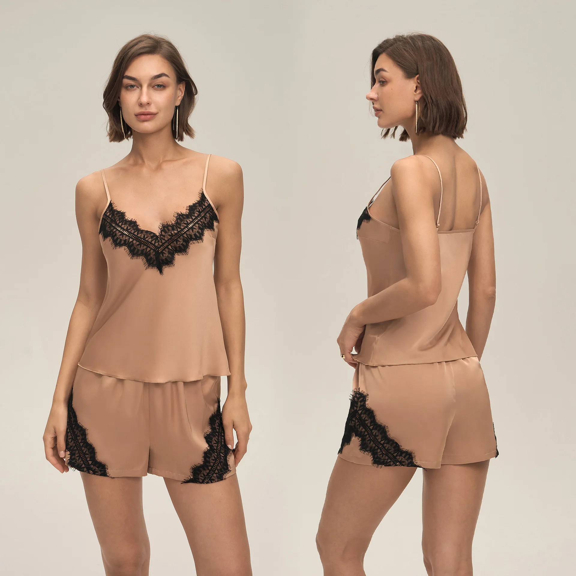 

Summer Suspender Lace Applique Pajamas Set Sleepwear Sexy Strap Top Shorts Pijamas Suit Silky Satin Homewear Loungewear