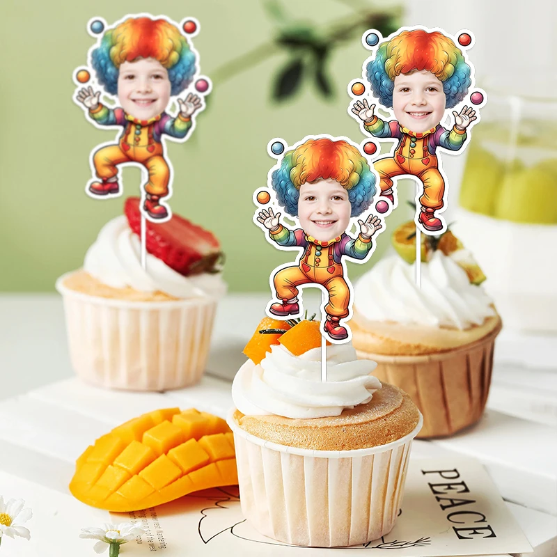 12/24 Stück Personalisierte Porträt-Gesichts-Zirkusclown-Kuchendekoration für Erwachsene, Festival-Party, Cartoon-Spaß, Action-Figuren, Gebäck-Topper, Ornamente