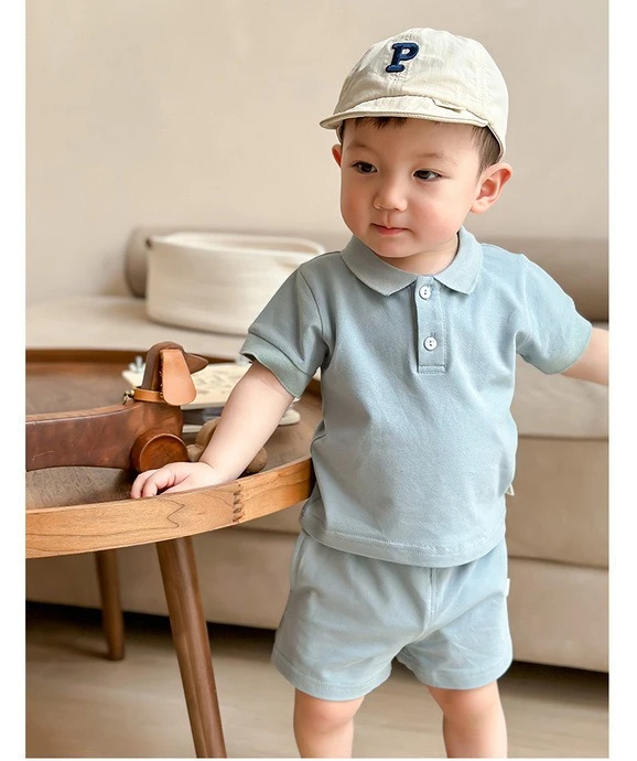 

Children's Summer Clothes Simple Suit Breathable Cotton Summer Baby Boy and Girl Collar Short Sleeved Kids 2 Piece Set