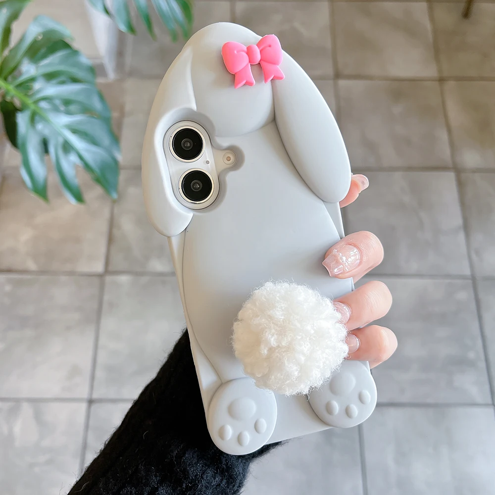 Kawaii 3D Cartoon Benny Rabbit Hülle für iPhone 16 15 14 13 12 Pro Max Weiche Silikonhülle mit Haarballenschwanzhalter – Detail 5