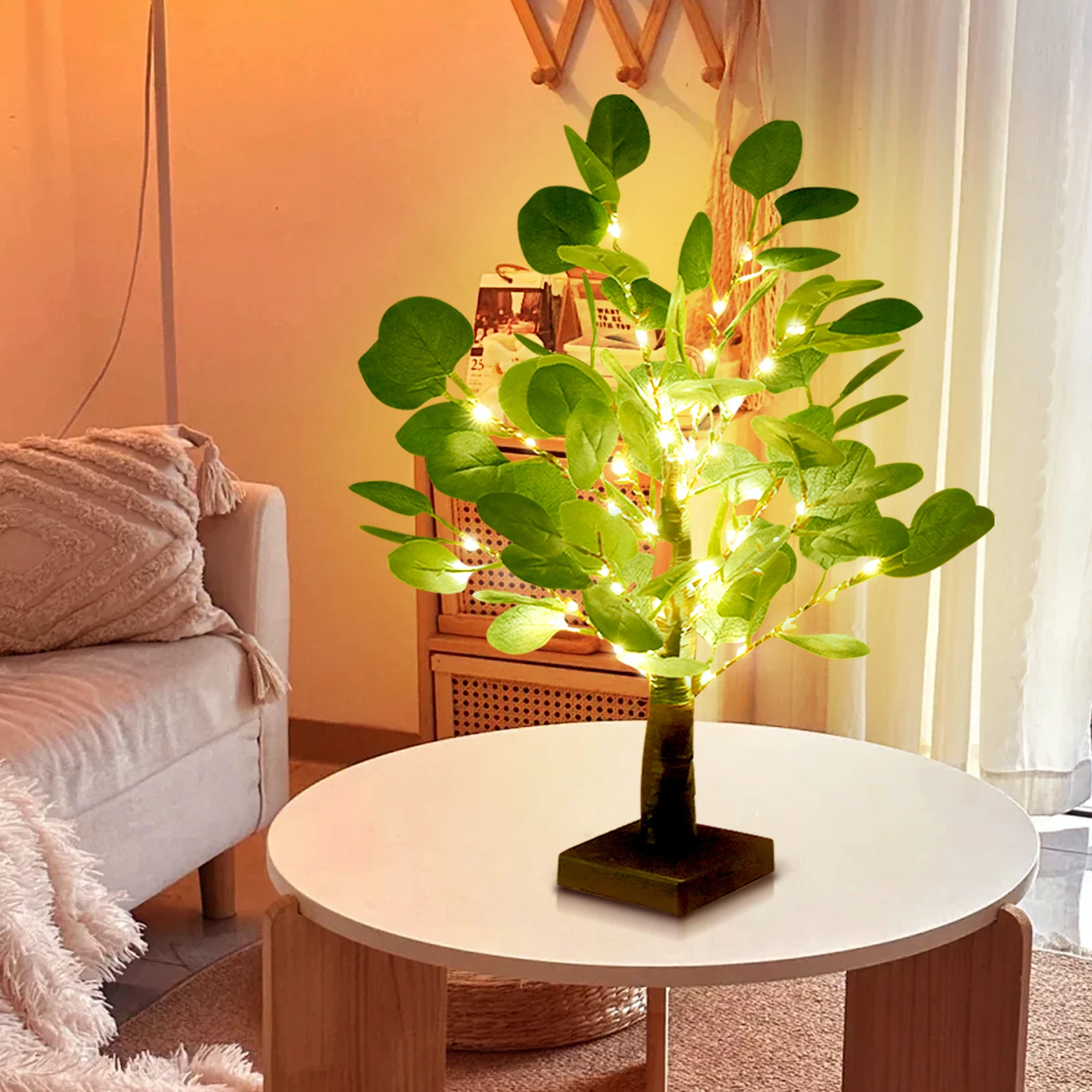 Bonsai Eucalyptus LED Tree Lamp - DIY Tabletop Decor, Night Light USB/Battery Powered, Warm White Light