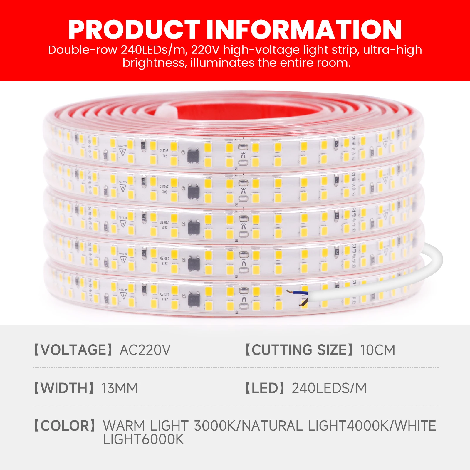 AC 220V 240Leds/M LED Strip 3000K 4000K 6000K Waterproof 10CM Cut Home Decor High Brighter Flexible Ribbon Stripe Light