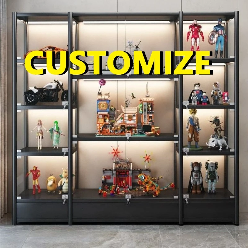 Dustproof Tempered Glass Display Cabinet LED Light Large Capacity Figure Bag Storage Showcases Aluminum Frame Modern Living Room