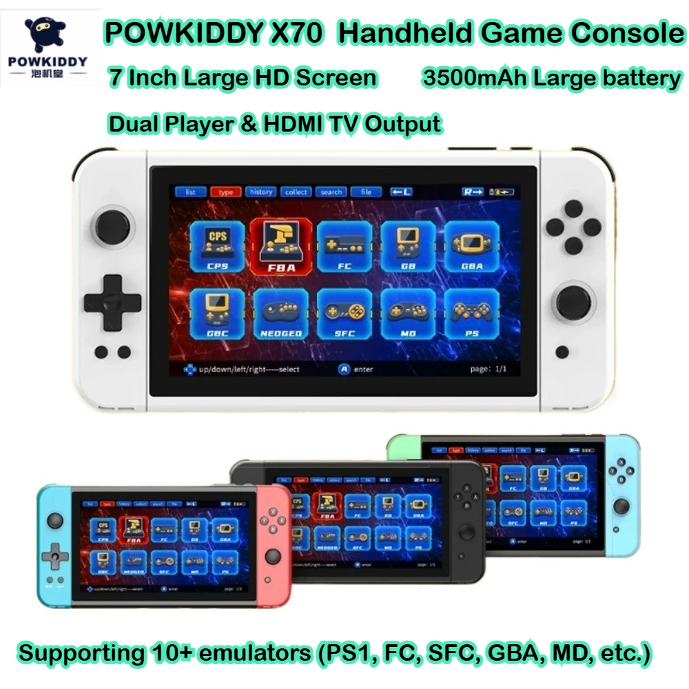 Powkiddy X70 Handheld Game Console 7 Inch HD Video Game Console 3500mAh Linux System Support 2 Players TV Output Gaming Player