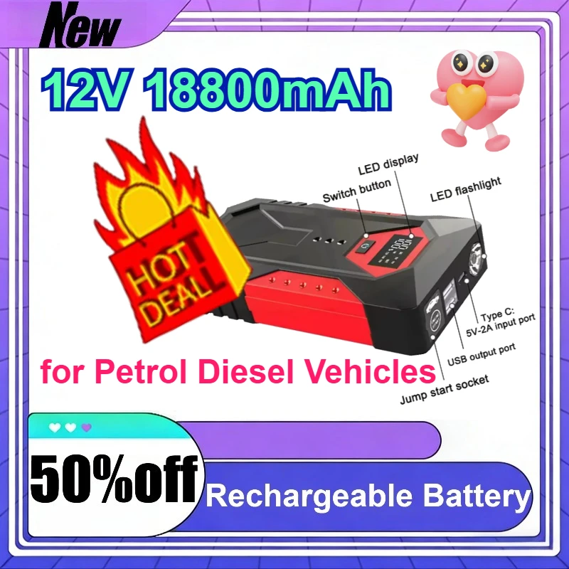 

Portable 12V 18800mAh Car Jump Starter Power Bank Emergency Battery Booster Charger for Petrol Diesel Vehicles