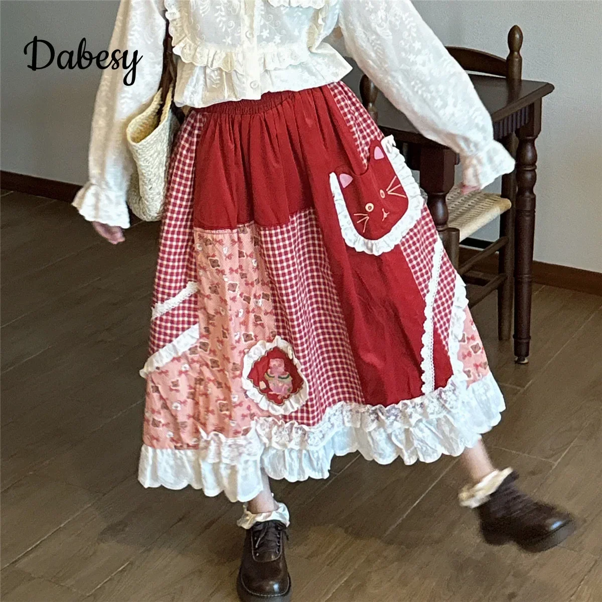 Vintage Plaid Patchwork Corduroy Lolita Skirt Women Autumn Japanese Mori Girl Lace Ruffled High Waist A-line Party Skirts Female