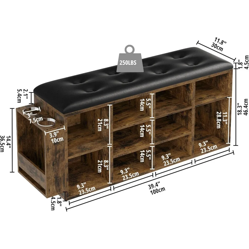 Banco de zapatos de cuero PU, organizador de Zapatero con estantes ajustables, 10 cubos de almacenamiento