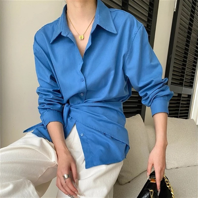 

Женская однотонная блузка с длинными рукавами, отложным воротником, однобортная, с завязками на талии, слегка эластичная, свободного кроя, повседневная, Весна 2026