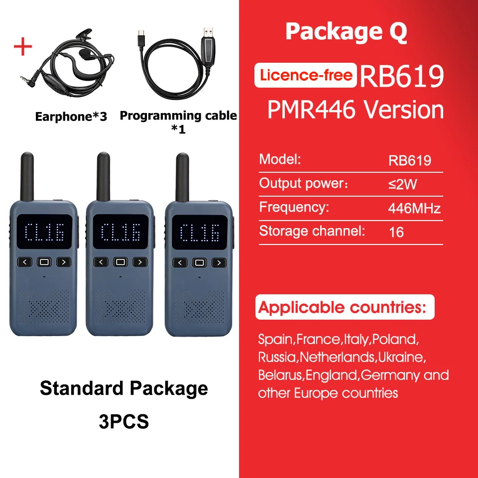 Retevis RB619 Mini walkie-talkie PMR446/FRS, 1650 mAh, draagbaar, met groot bereik, tweewegradio met Type-C-aansluiting, programmeerbaar voor restaurants en hotels