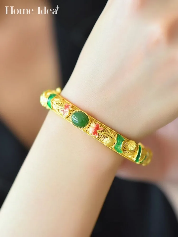 Designer Women Gilding S925 Silver Bracelet Vintage Flower Natural Jade Bangles Elegant Ladies Hollow Out Fine Silver Jewelry