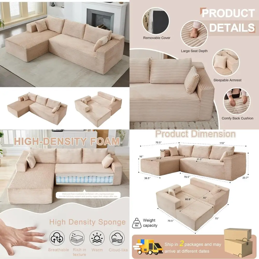 أريكة مقطعية على شكل حرف L مع مقاعد عميقة ولا يتطلب التجميع #1