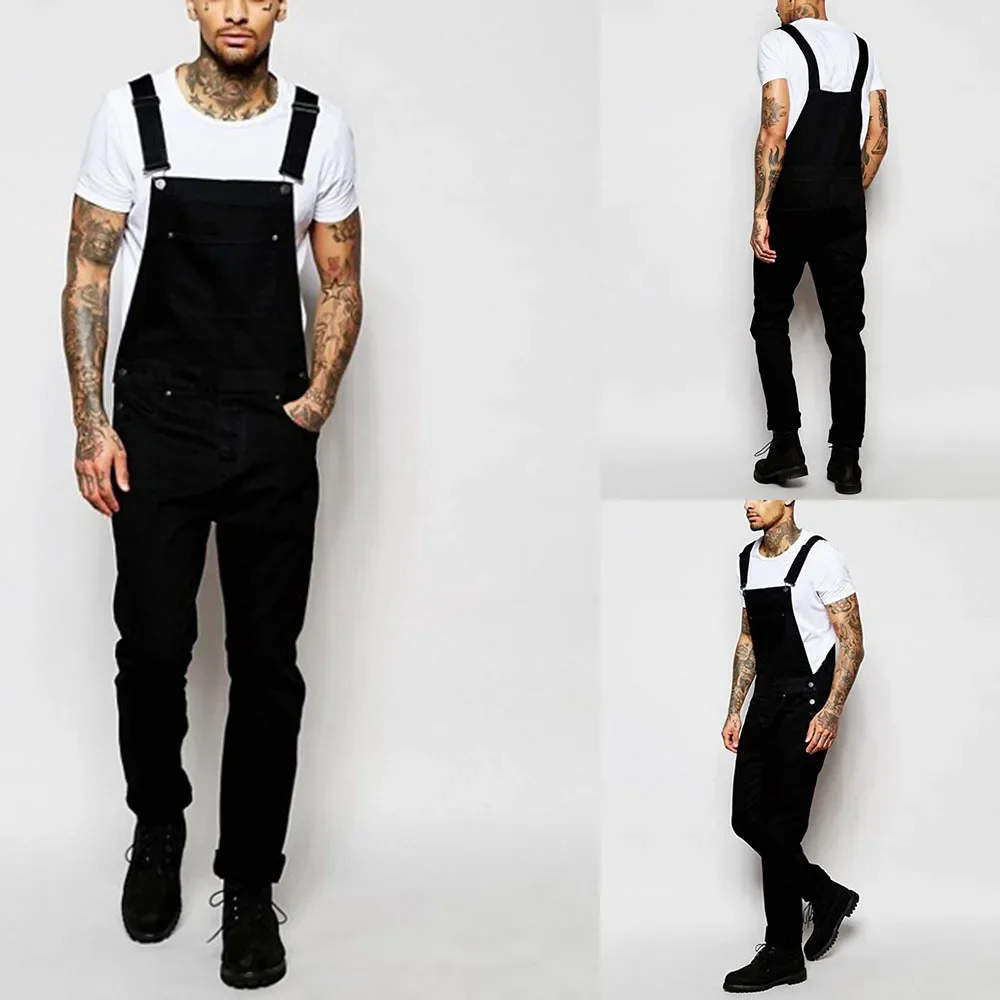 

Men Jeans Ankle Length Pencil Pants Denim Overalls Pockets Black One Piece High Waist Slim Streetwear Jumpsuit Washing Patchwork