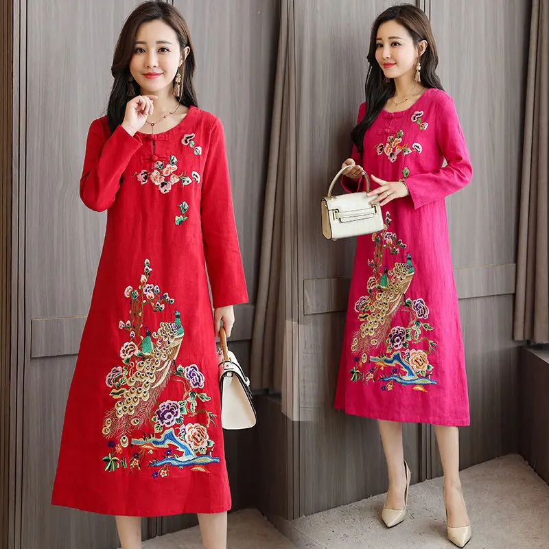 

Ethnic Style Embroidered Cotton And Linen Dress 2022 Autumn Chinese Clothing Loose Large Size Retro Buckle Cheongsam Dress T459
