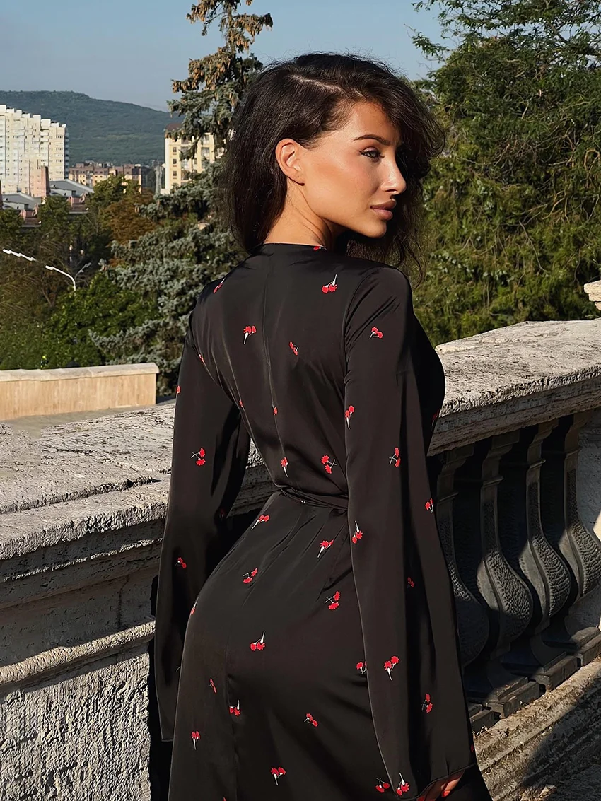 Marthaqiqi Printing Women Sleepwear Long Sleeve Pajamas Sexy V-Neck Nightwear Lace Up Nightie Ankle-Length Dress Ladies Pyjamas