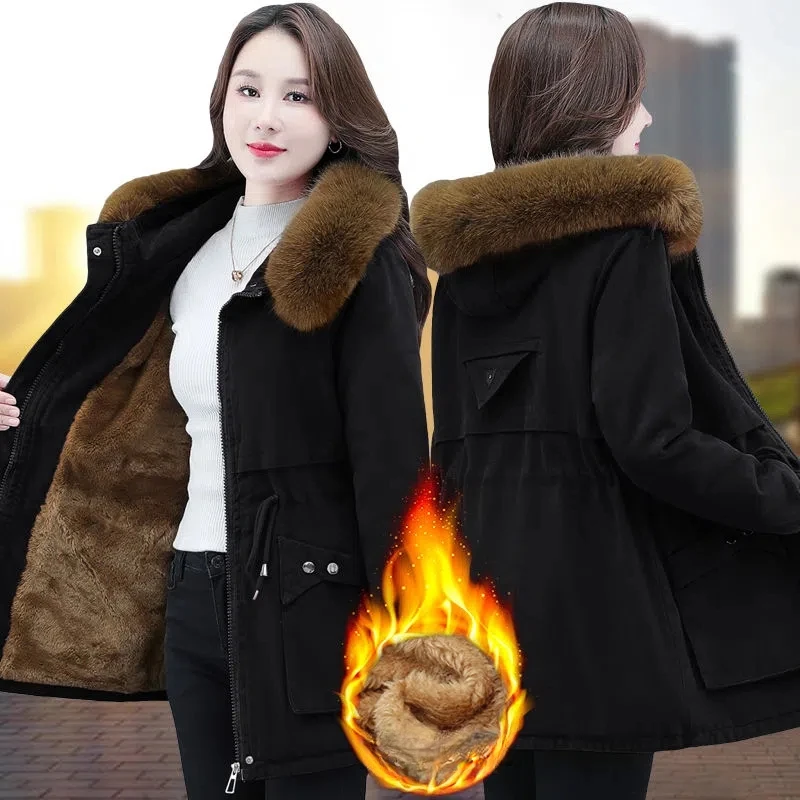 Parkas Womens Winter Jacket Loose Casual Padded Coat Female Large Size Plush Fur Collar Thick Down Cotton Outerwear