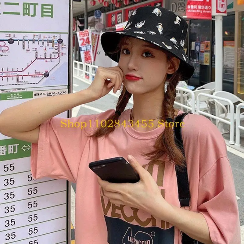 49MC Trendy Double-sided Fisherman Hat Niche for Cat Pattern Basin Hat All-match Bucket Cap Surprise Gift for Valentine's Day