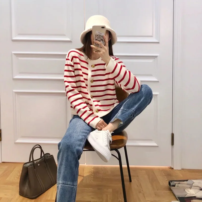 Women Spring Autumn Sweaters O-neck Stripe Knitted Cardigan Fashion Long Sleeve Casual Short Tops Korean Style New