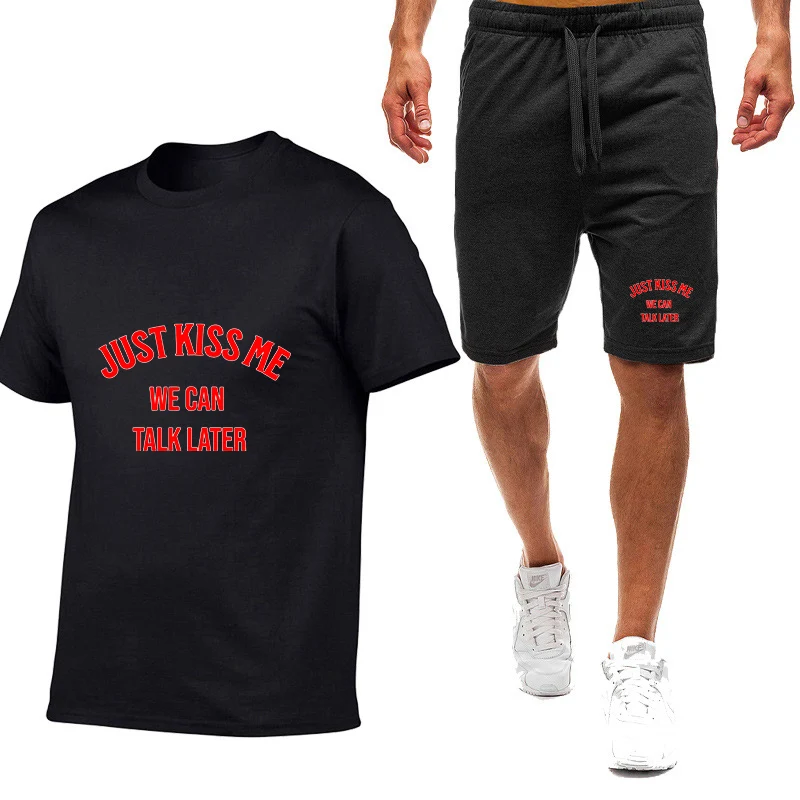 

2026 Just Kiss Me Funny Graphic Print Summer Men's New Nine-color Short-sleeved Set Outdoor Sports T-shirt + Shorts Thin Suit