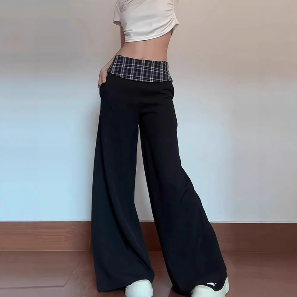 

2025 Summer Black Grid Splicing Mid Waist Drop Feeling Suit for Women to Look Thin Straight Pants